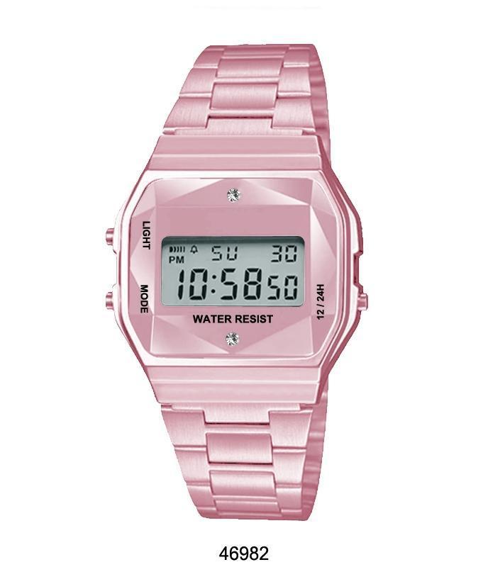 Pink Sports Metal Band Watch with Pink Metal Case and Pink Crystal Cut LCD Display